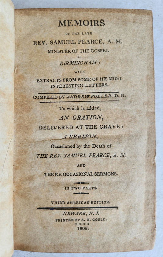 1809 MEMOIRS of the LATE REV. SAMUEL PEARCE antique AMERICANA Newark NJ