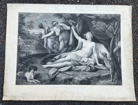 c.1820 DIANA AWAKENED BY THE NYMPHS LARGE ENGRAVING antique 20 3/4 by 29 inches