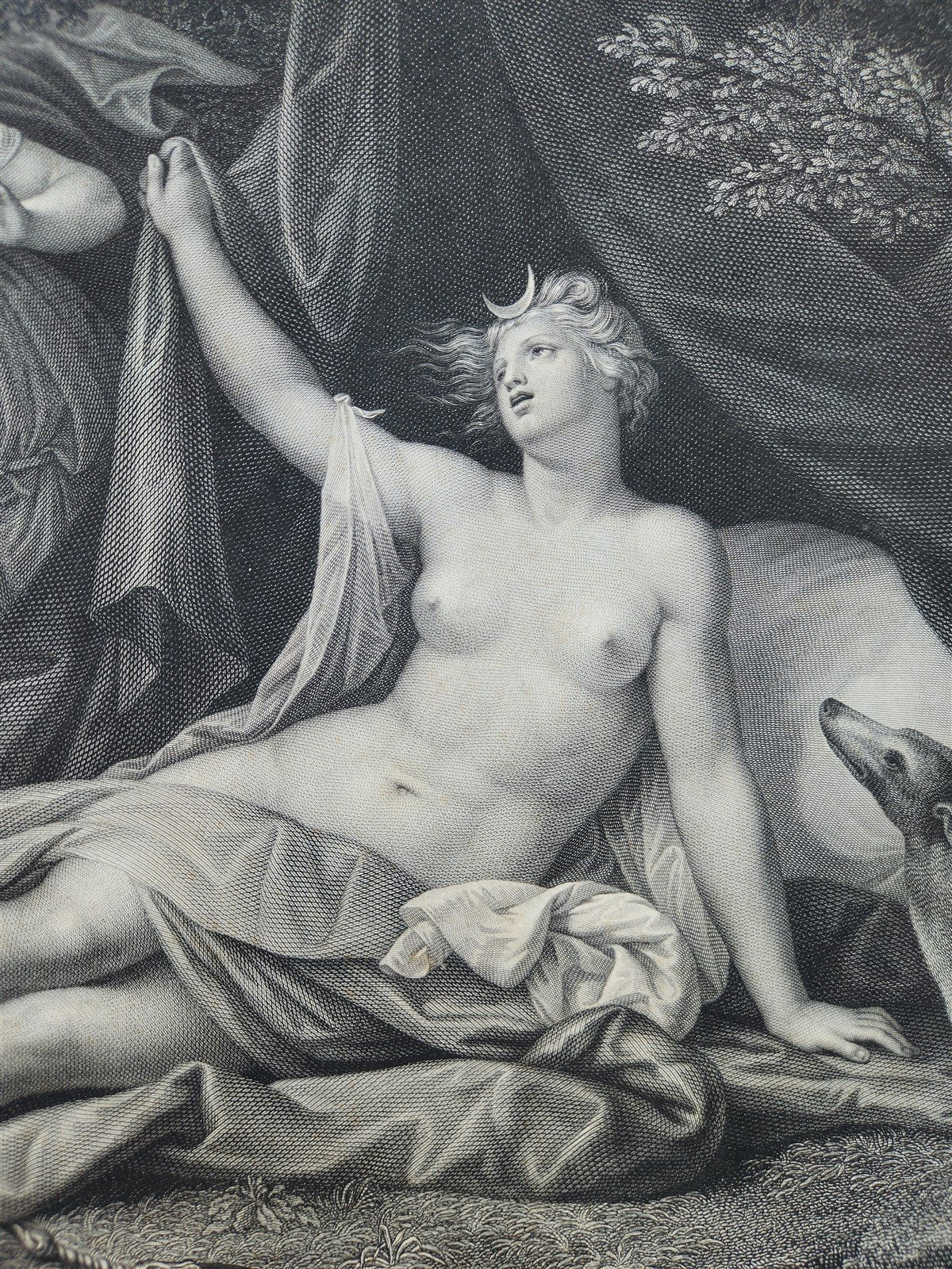c.1820 DIANA AWAKENED BY THE NYMPHS LARGE ENGRAVING antique 20 3/4 by 29 inches