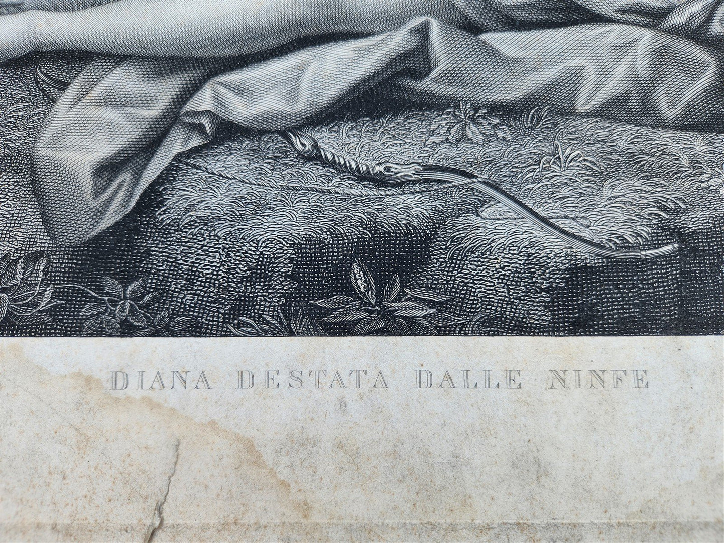 c.1820 DIANA AWAKENED BY THE NYMPHS LARGE ENGRAVING antique 20 3/4 by 29 inches