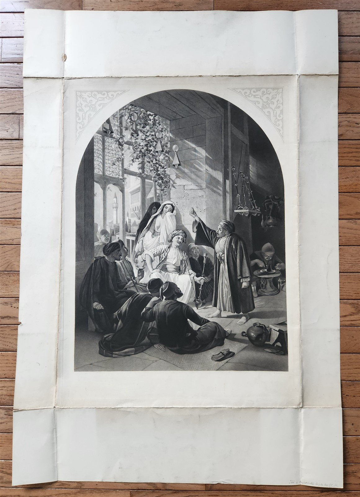 c.1867 ARABIAN NIGHTS LARGE ENGRAVING antique DAMASCUS STORY TELLER 27 x 40"