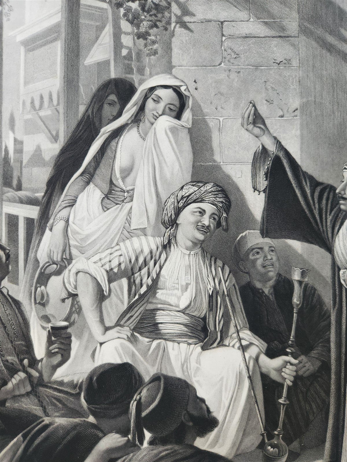 c.1867 ARABIAN NIGHTS LARGE ENGRAVING antique DAMASCUS STORY TELLER 27 x 40"