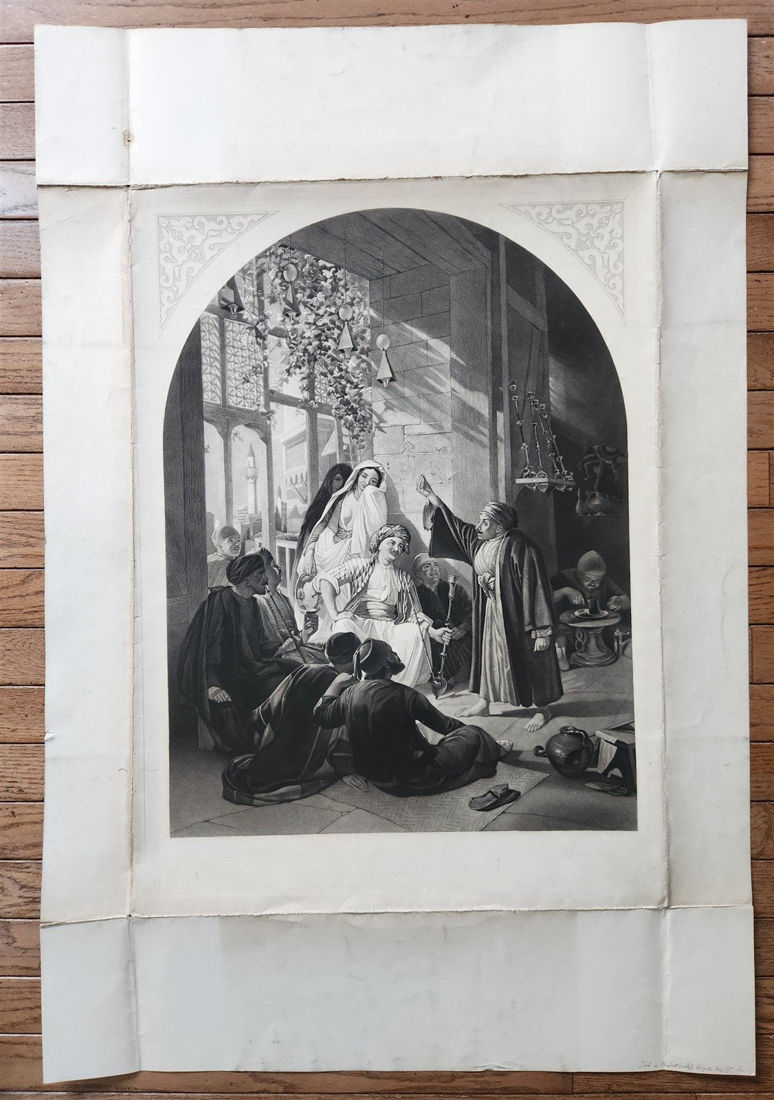 c.1867 ARABIAN NIGHTS LARGE ENGRAVING antique DAMASCUS STORY TELLER 27 x 40"