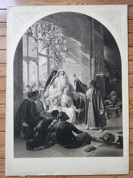 c.1867 ARABIAN NIGHTS LARGE ENGRAVING antique DAMASCUS STORY TELLER 27 x 40"