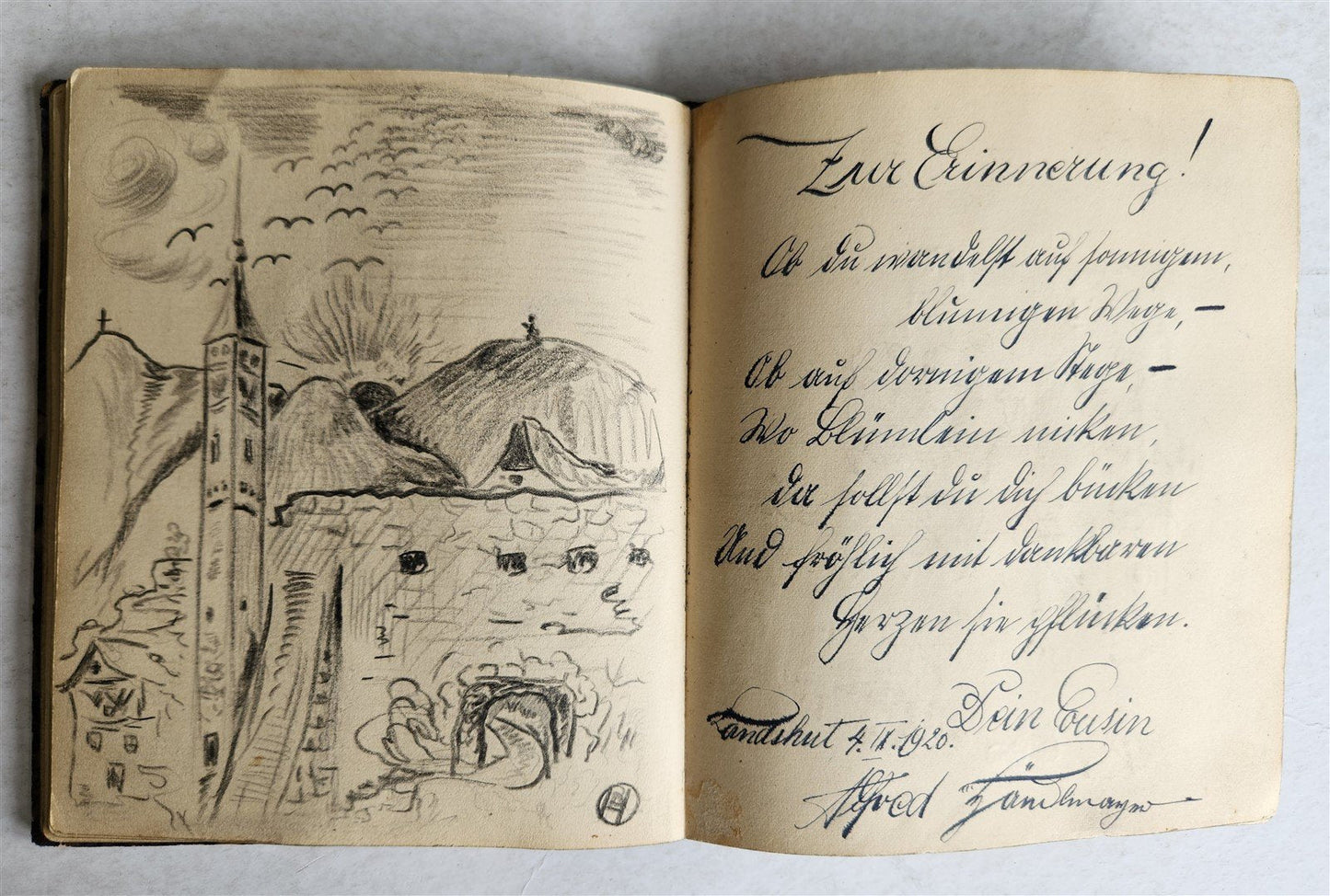 1920s POETRY ALBUM ILLUMINATED MANUSCRIPT in GERMAN antique