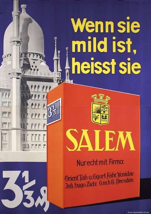 VINTAGE LARGE ORIGINAL 1935 GERMAN SALEM CIGARETTES ADVERTISING POSTER 65 by 46"