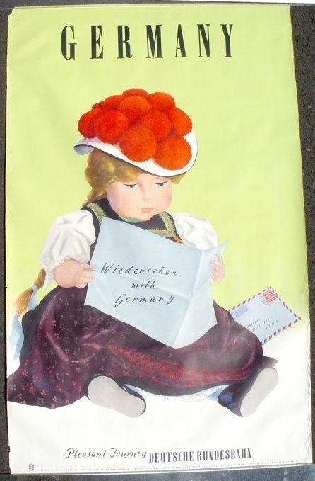 GORGEOUS 1950s GERMAN TRAVEL POSTER w/ DOLL GERMANY