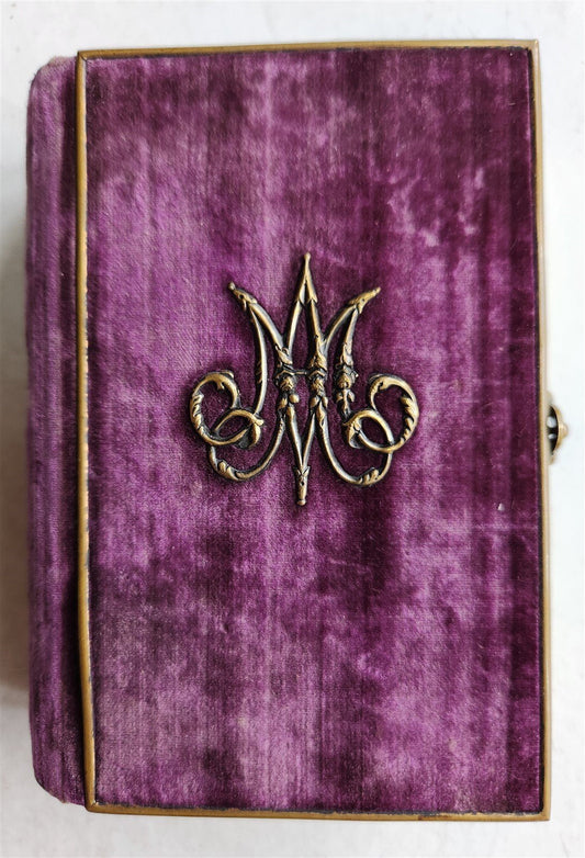1864 CATHOLIC PRAYER BOOK in FRENCH antique FINE VELVET & METAL BINDING