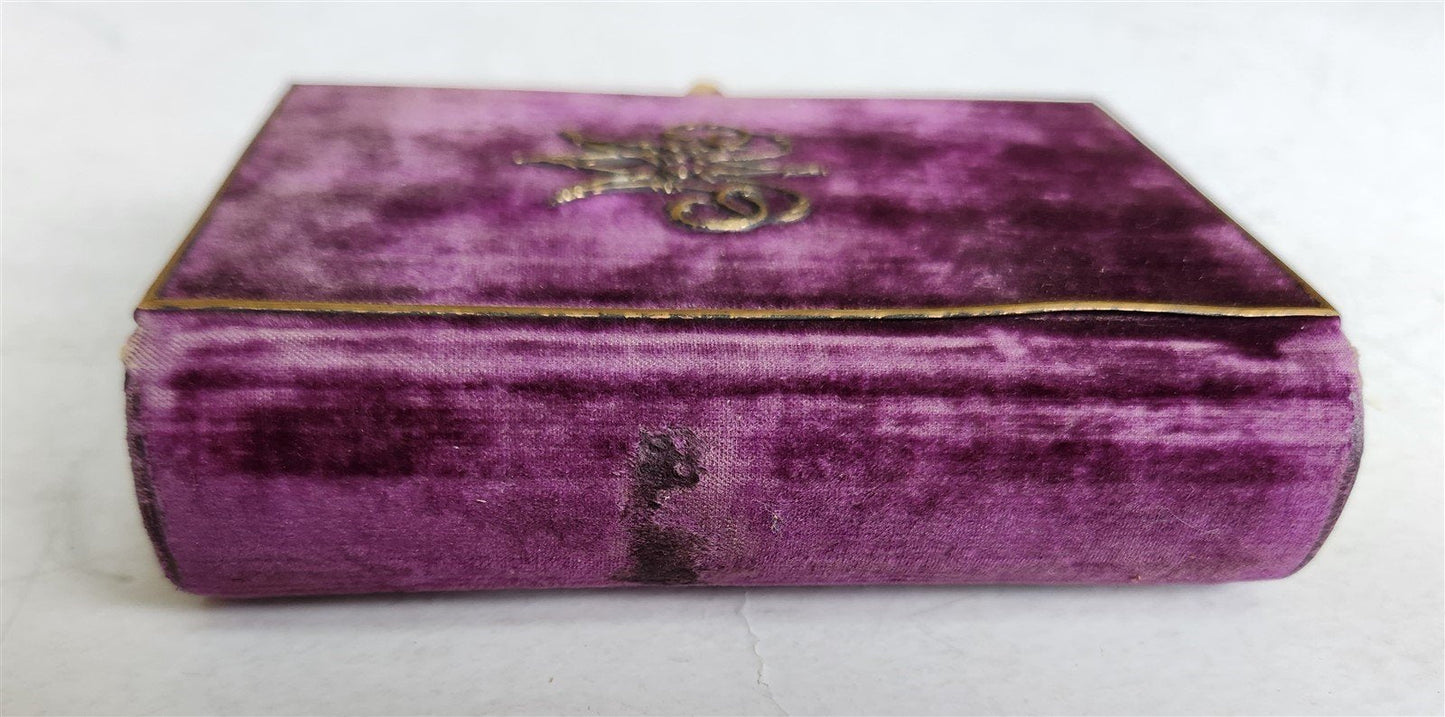 1864 CATHOLIC PRAYER BOOK in FRENCH antique FINE VELVET & METAL BINDING