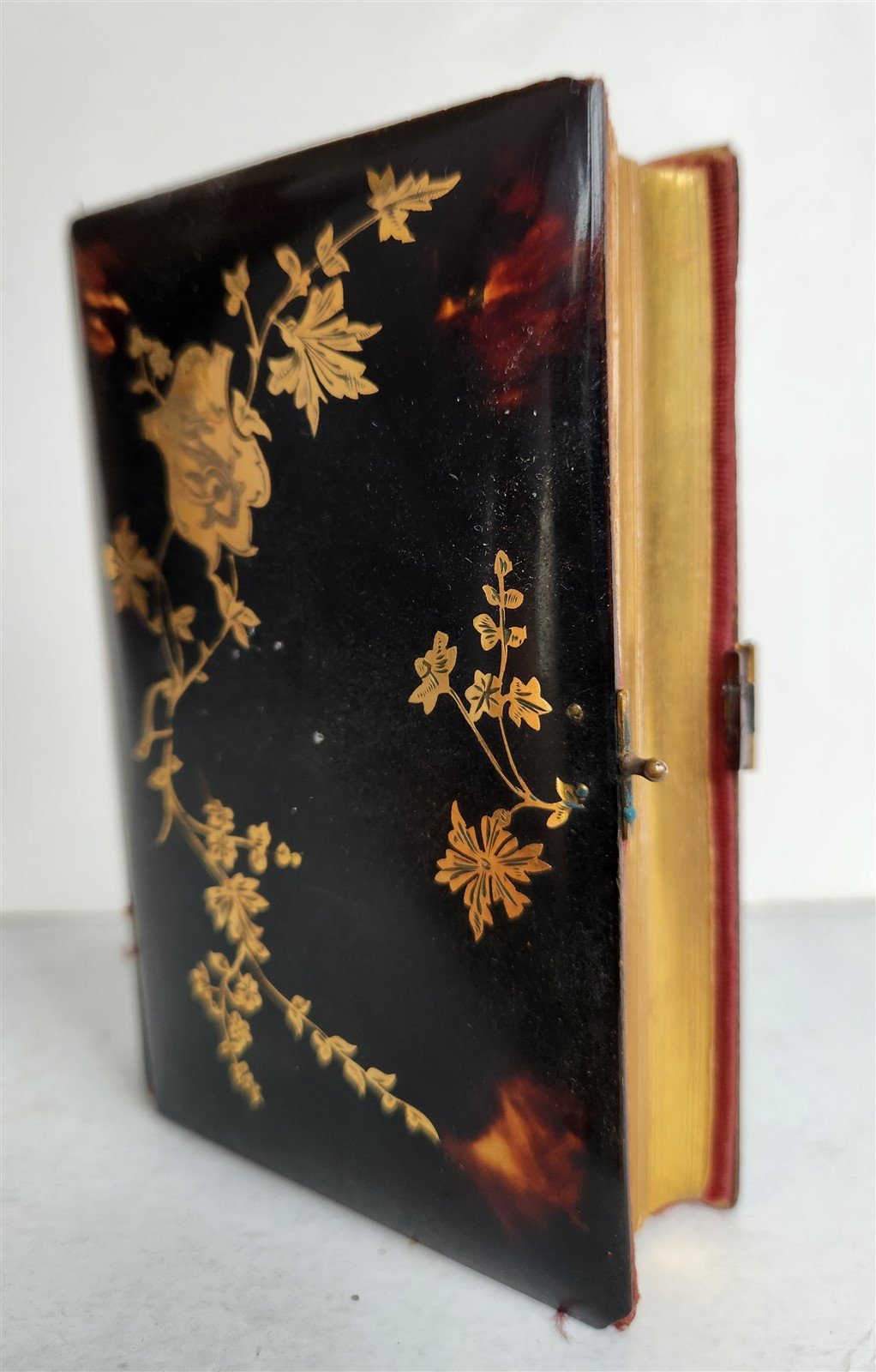 1889 TORTOISESHELL GOLD INLAY BINDING CATHOLIC PRAYER BOOK LATIN/FRENCH antique