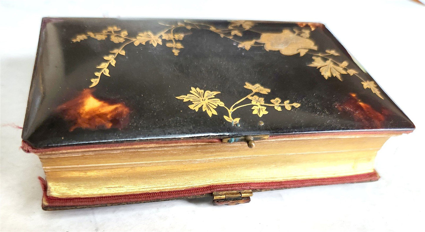 1889 TORTOISESHELL GOLD INLAY BINDING CATHOLIC PRAYER BOOK LATIN/FRENCH antique