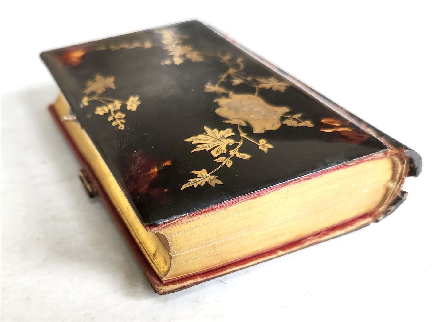 1889 TORTOISESHELL GOLD INLAY BINDING CATHOLIC PRAYER BOOK LATIN/FRENCH antique