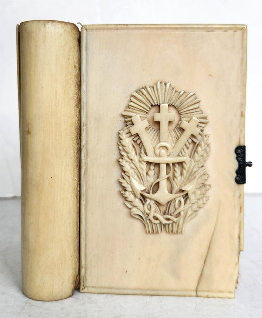 1870 BONE BINDING CATHOLIC PRAYER BOOK in FRENCH & LATIN antique