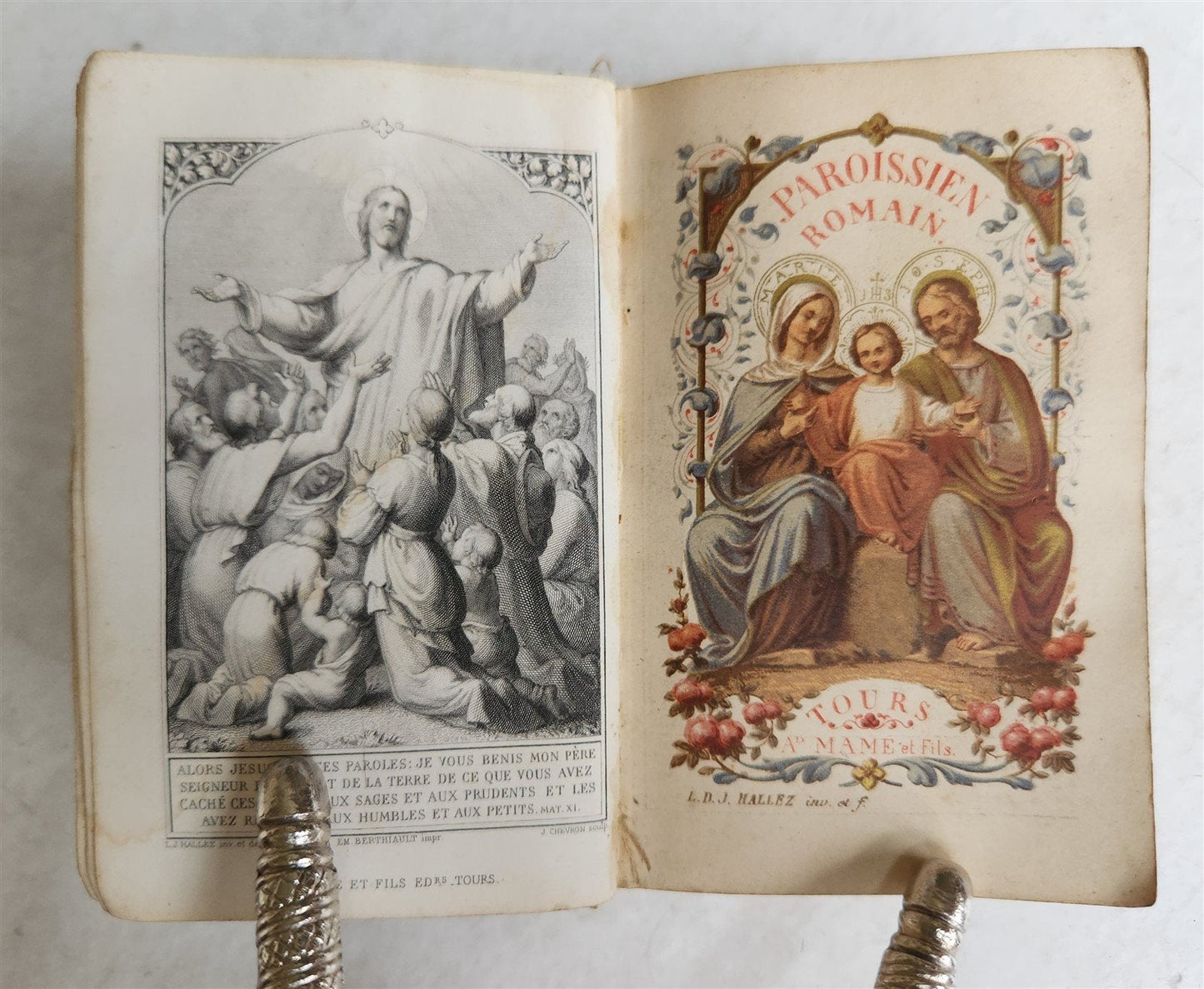 1870 BONE BINDING CATHOLIC PRAYER BOOK in FRENCH & LATIN antique