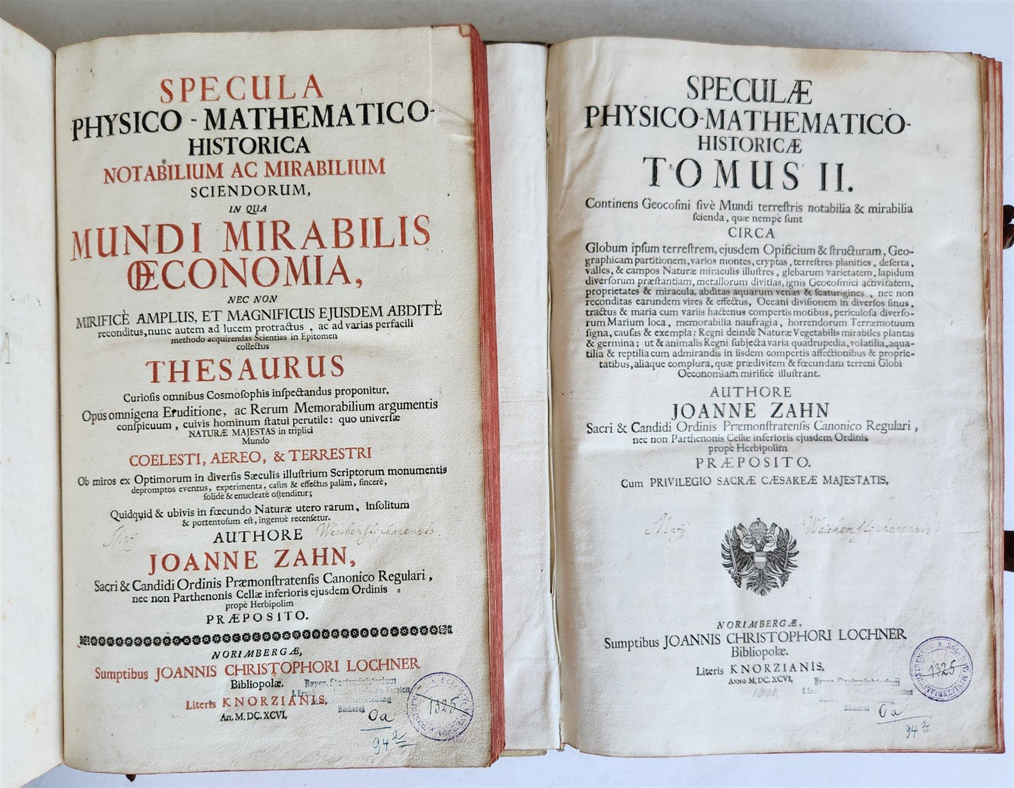 1696 ILLUSTRATED Specula physico-mathematico-historica antique 2 FOLIO VOLUMES