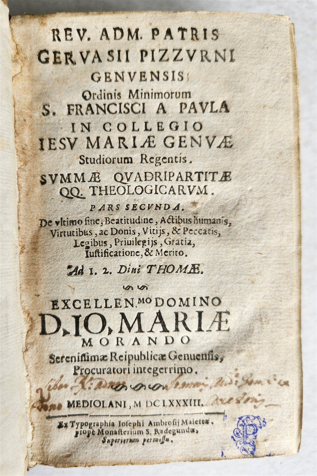 1683 THEOLOGY by Rev. Gervasii Pizzurni Genuensis antique VELLUM BOUND