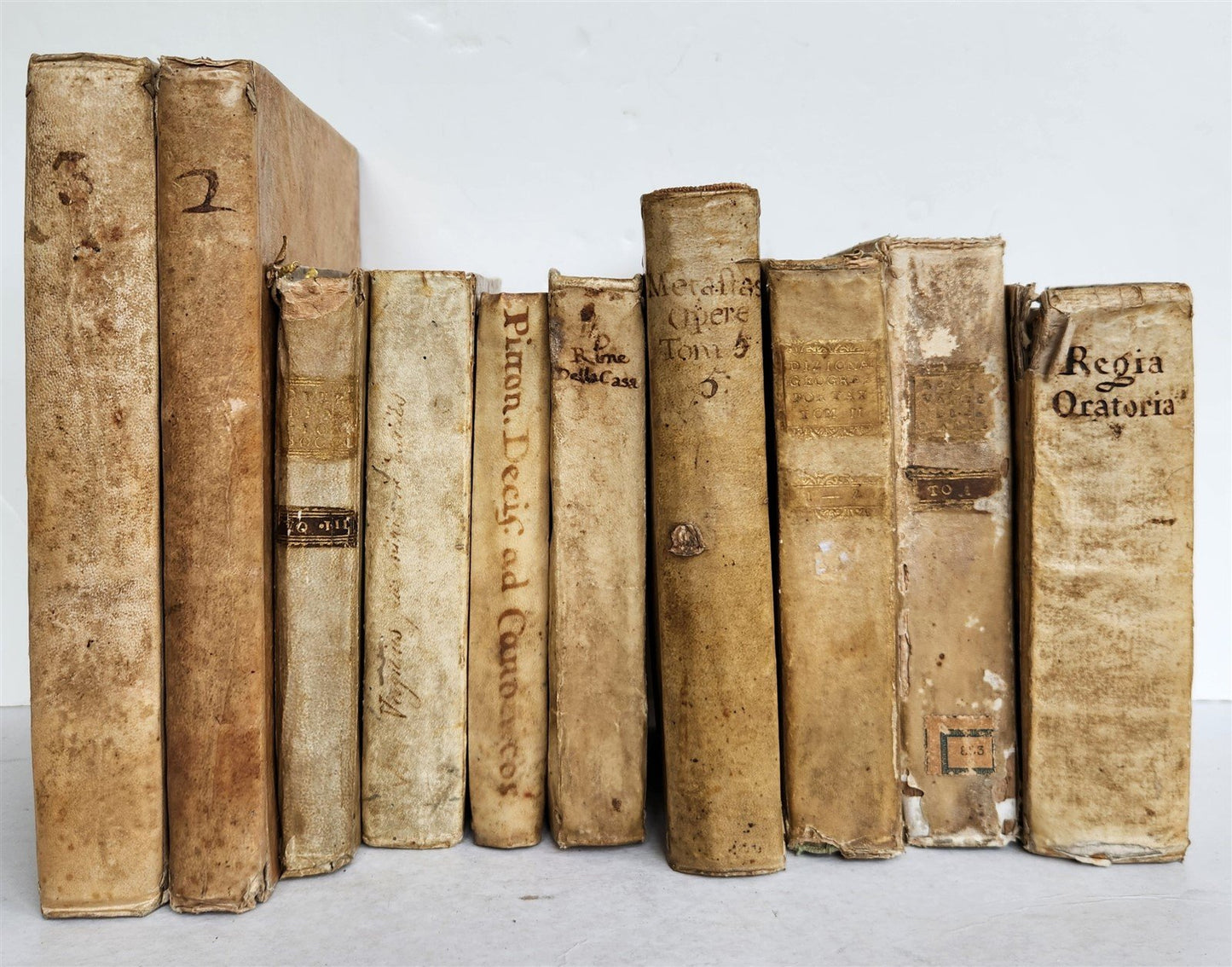 18th CENTURY LOT of 10 antique VELLUM BOUND BOOKS decorative