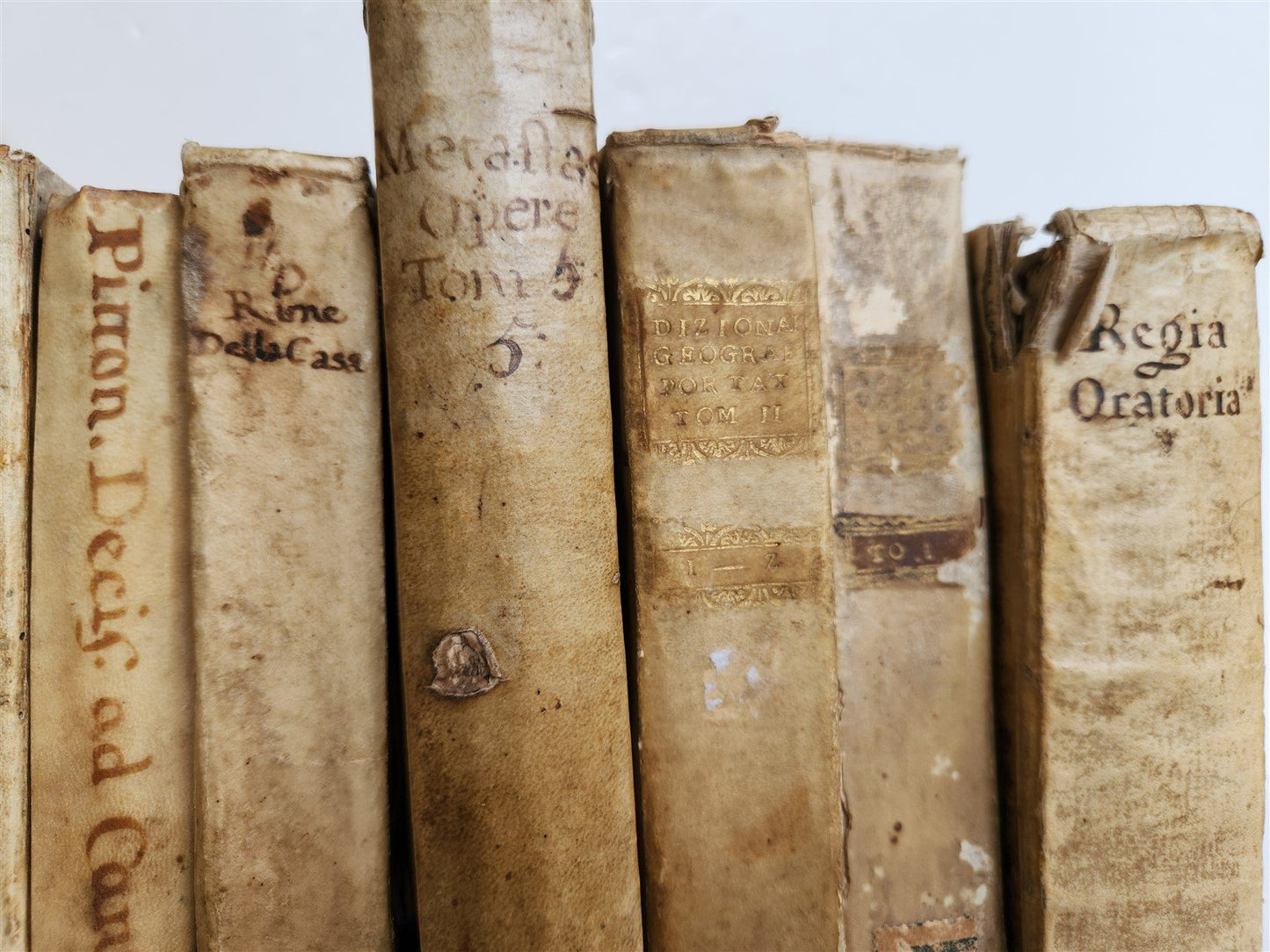 18th CENTURY LOT of 10 antique VELLUM BOUND BOOKS decorative