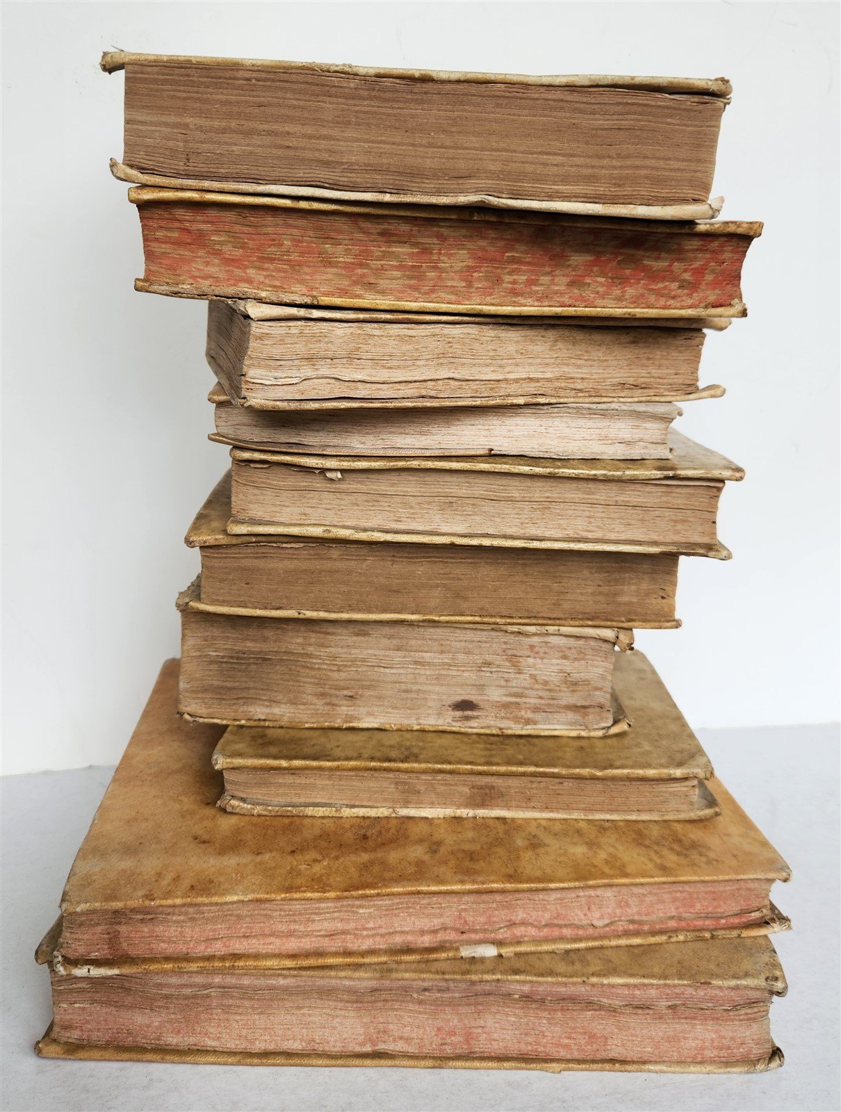 18th CENTURY LOT of 10 antique VELLUM BOUND BOOKS decorative