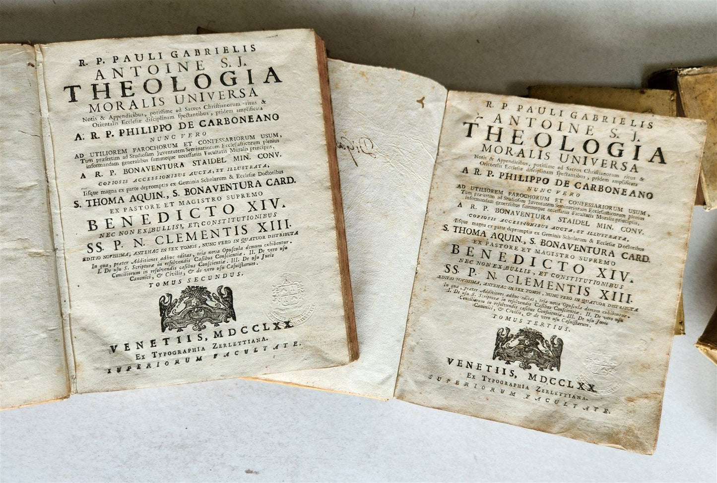 18th CENTURY LOT of 10 antique VELLUM BOUND BOOKS decorative