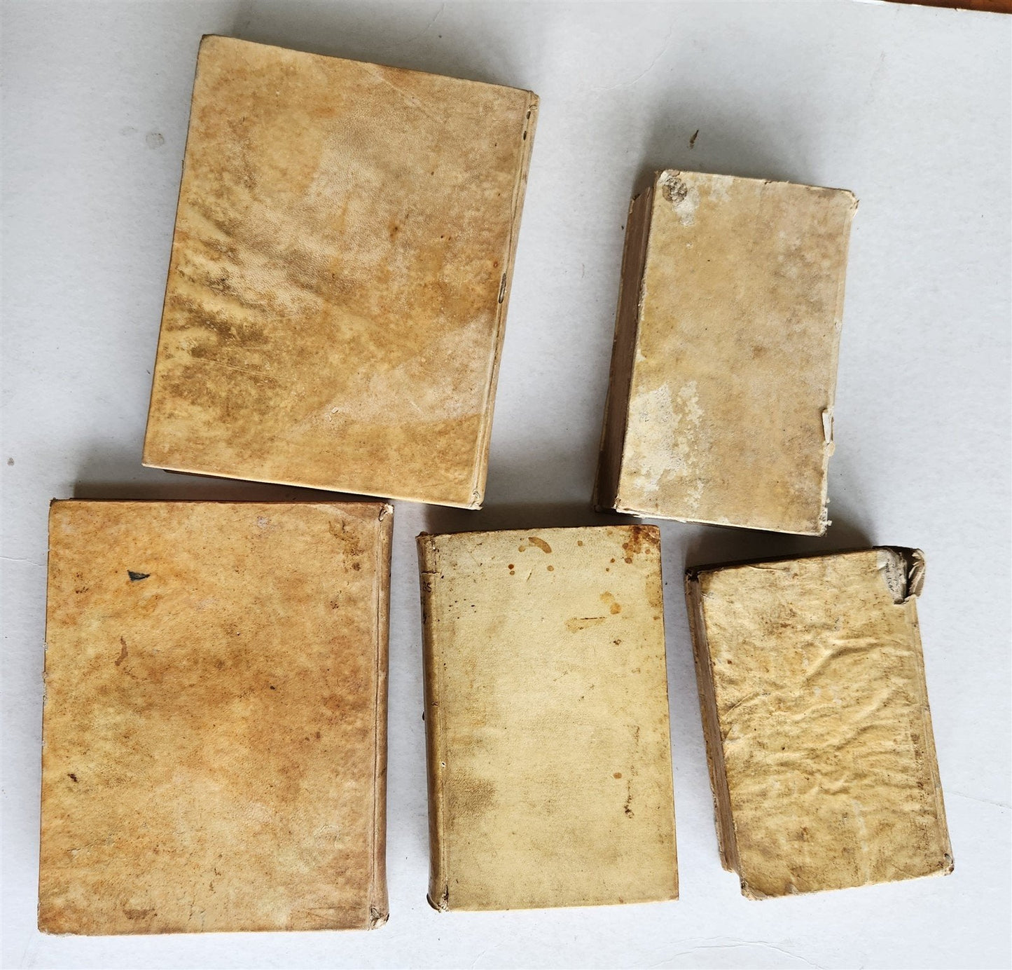 18th CENTURY LOT of 10 antique VELLUM BOUND BOOKS decorative