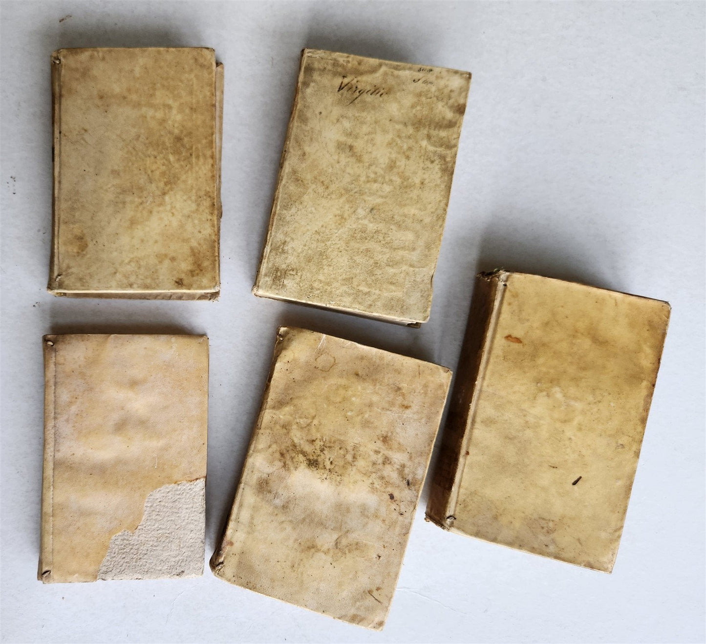 18th CENTURY LOT of 10 antique VELLUM BOUND BOOKS decorative