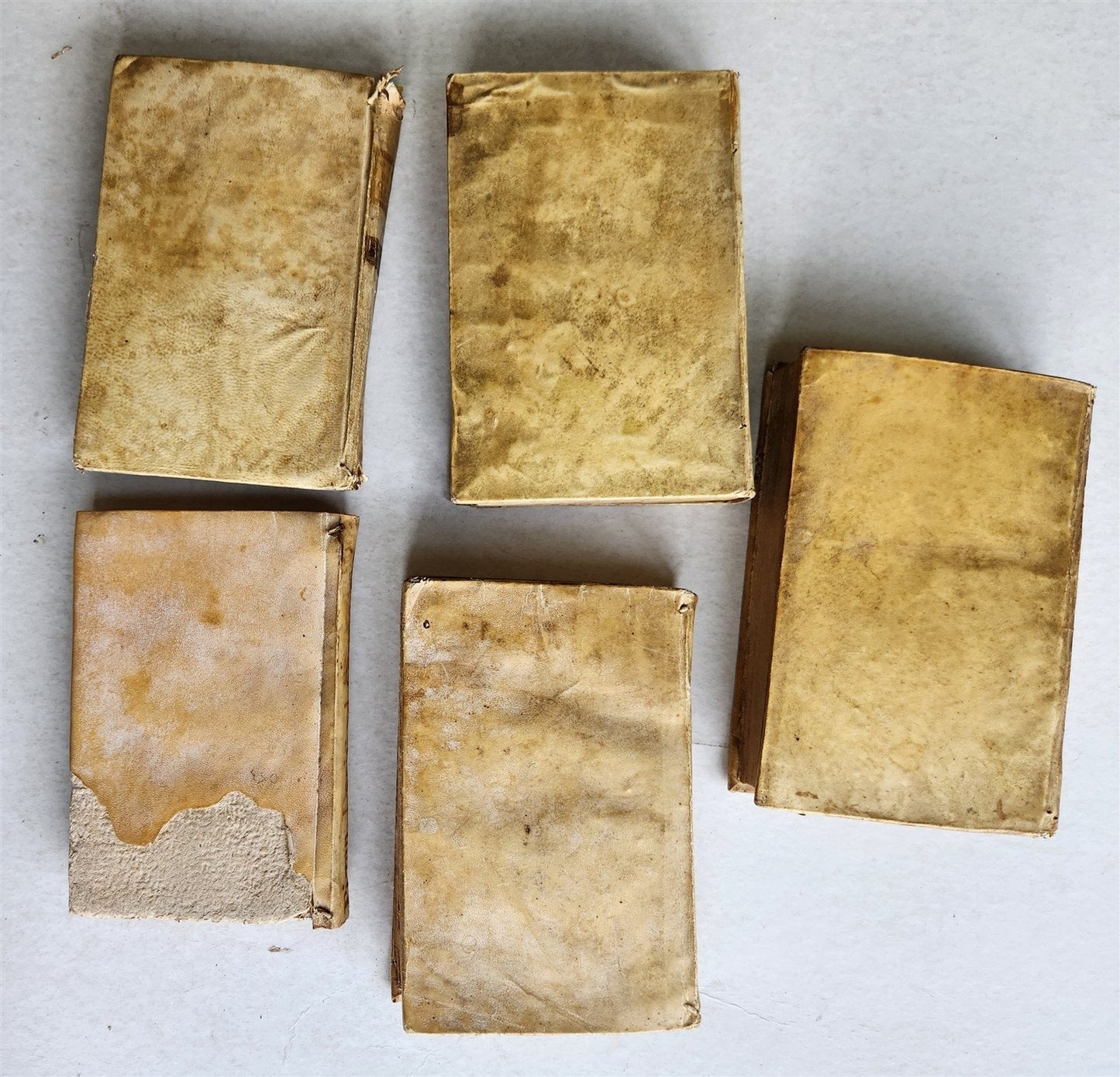 18th CENTURY LOT of 10 antique VELLUM BOUND BOOKS decorative