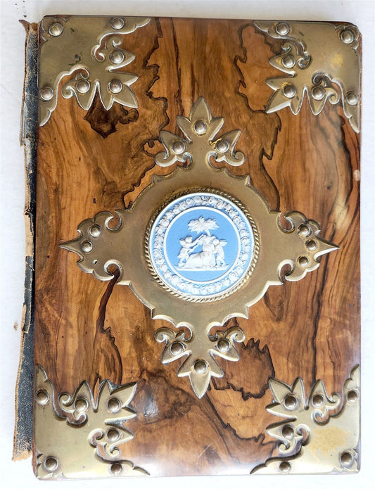 1880s FOLDER / BOOK COVER binding WOODEN w/ BRASS & WEDGWOOD DECORATIONS antique