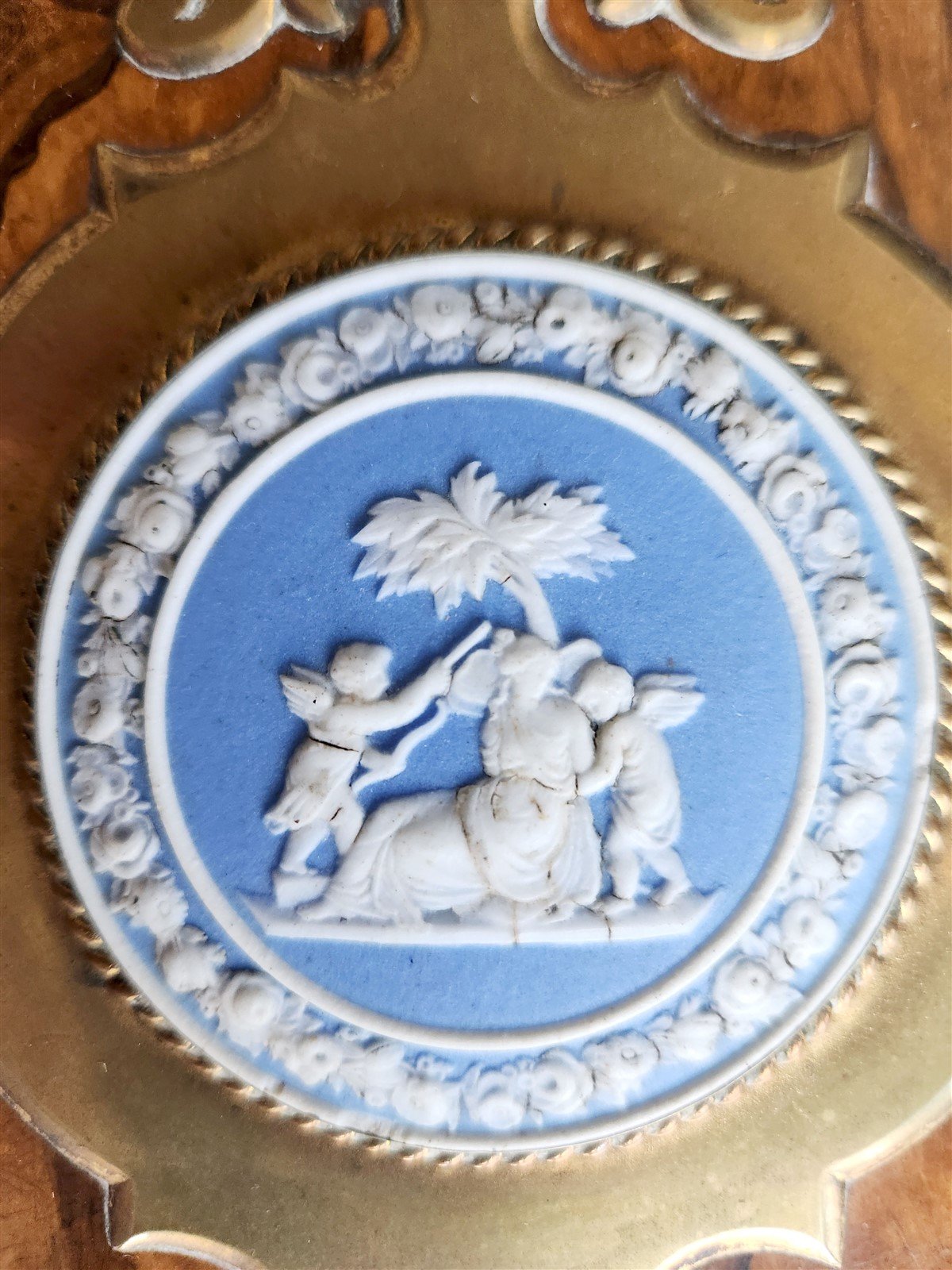 1880s FOLDER / BOOK COVER binding WOODEN w/ BRASS & WEDGWOOD DECORATIONS antique