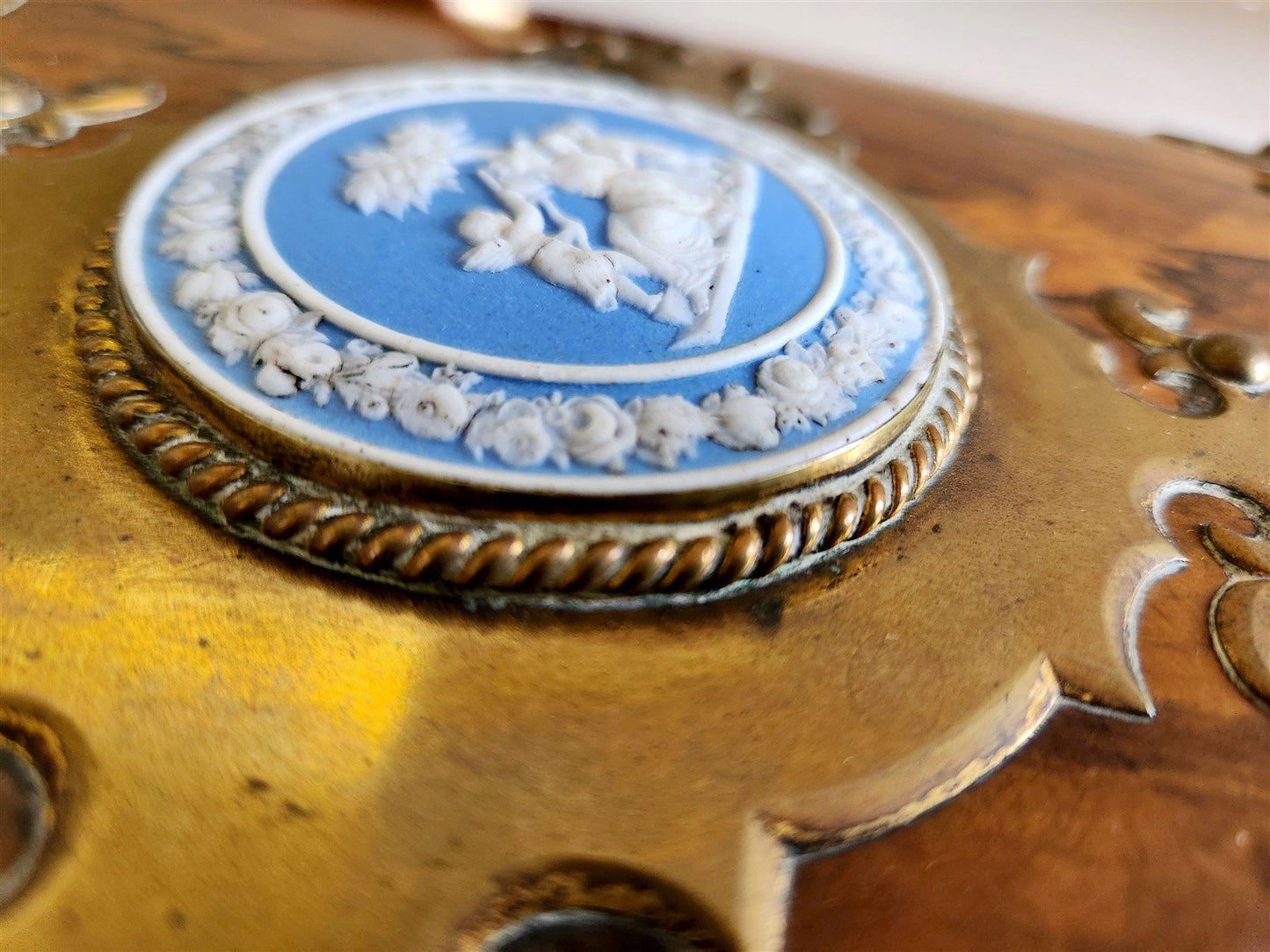 1880s FOLDER / BOOK COVER binding WOODEN w/ BRASS & WEDGWOOD DECORATIONS antique