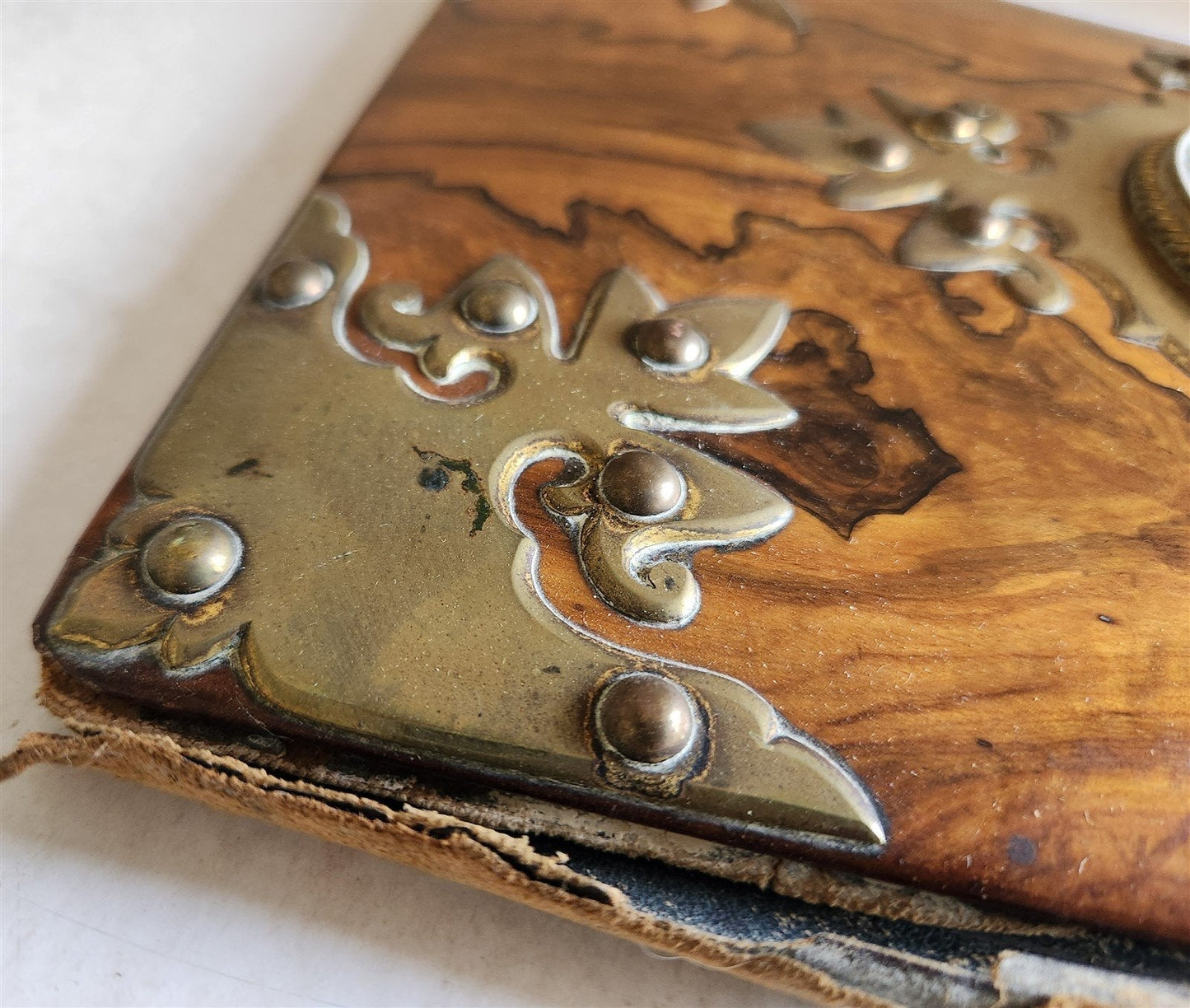 1880s FOLDER / BOOK COVER binding WOODEN w/ BRASS & WEDGWOOD DECORATIONS antique
