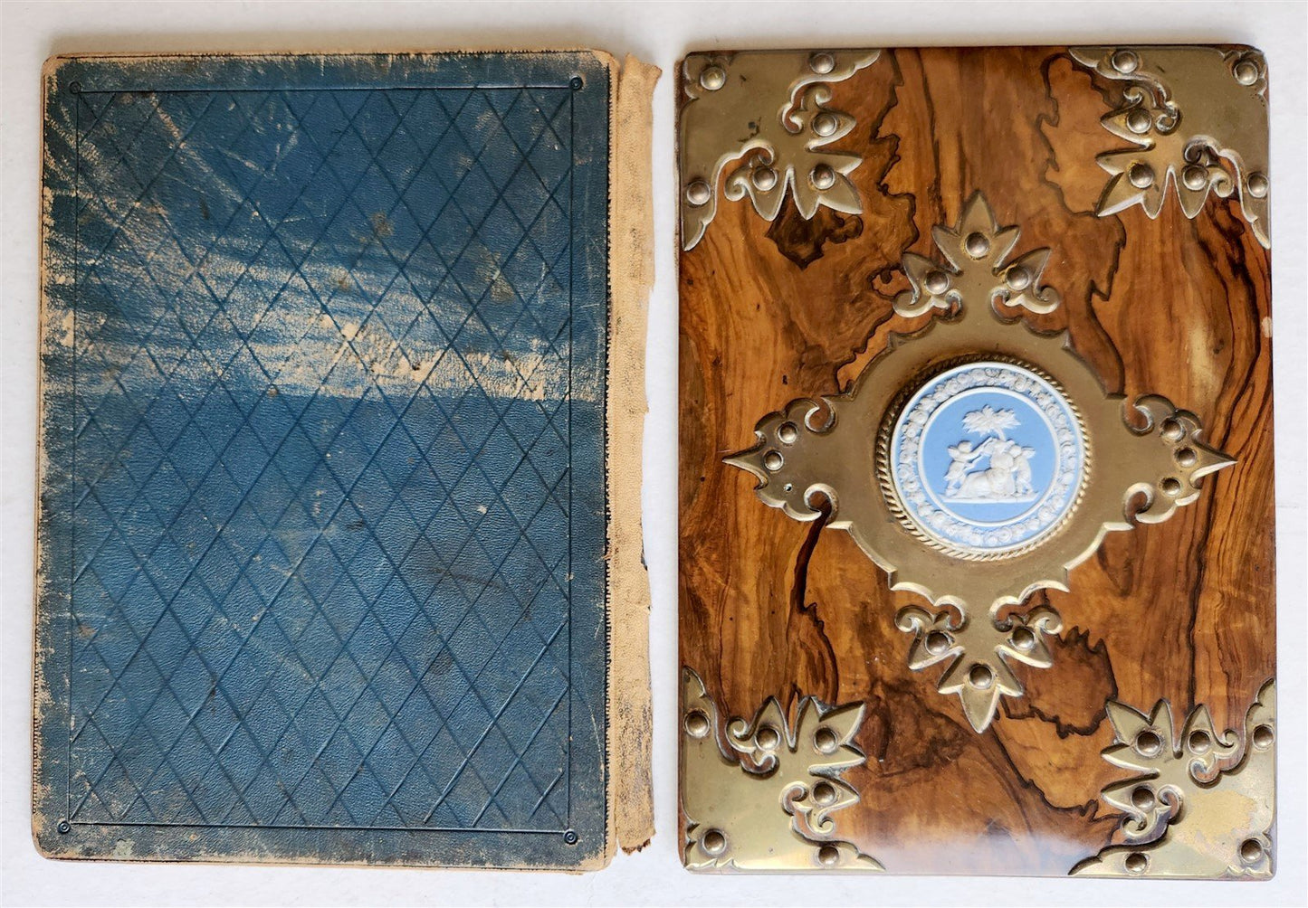 1880s FOLDER / BOOK COVER binding WOODEN w/ BRASS & WEDGWOOD DECORATIONS antique