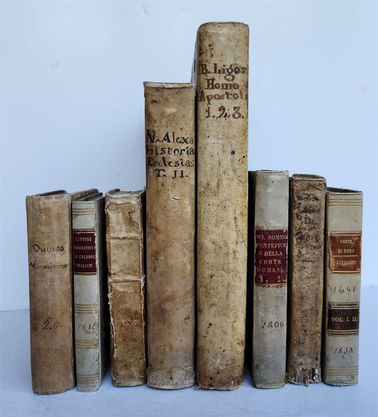 18th CENTURY LOT of 10 antique VELLUM BOUND BOOKS decorative