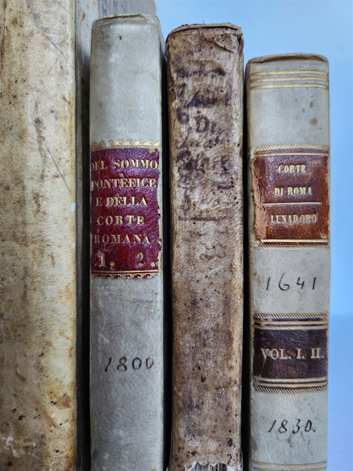 18th CENTURY LOT of 10 antique VELLUM BOUND BOOKS decorative