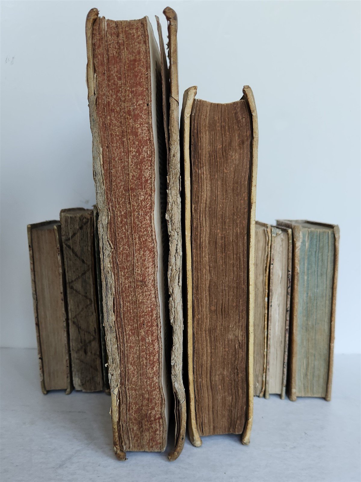 18th CENTURY LOT of 10 antique VELLUM BOUND BOOKS decorative