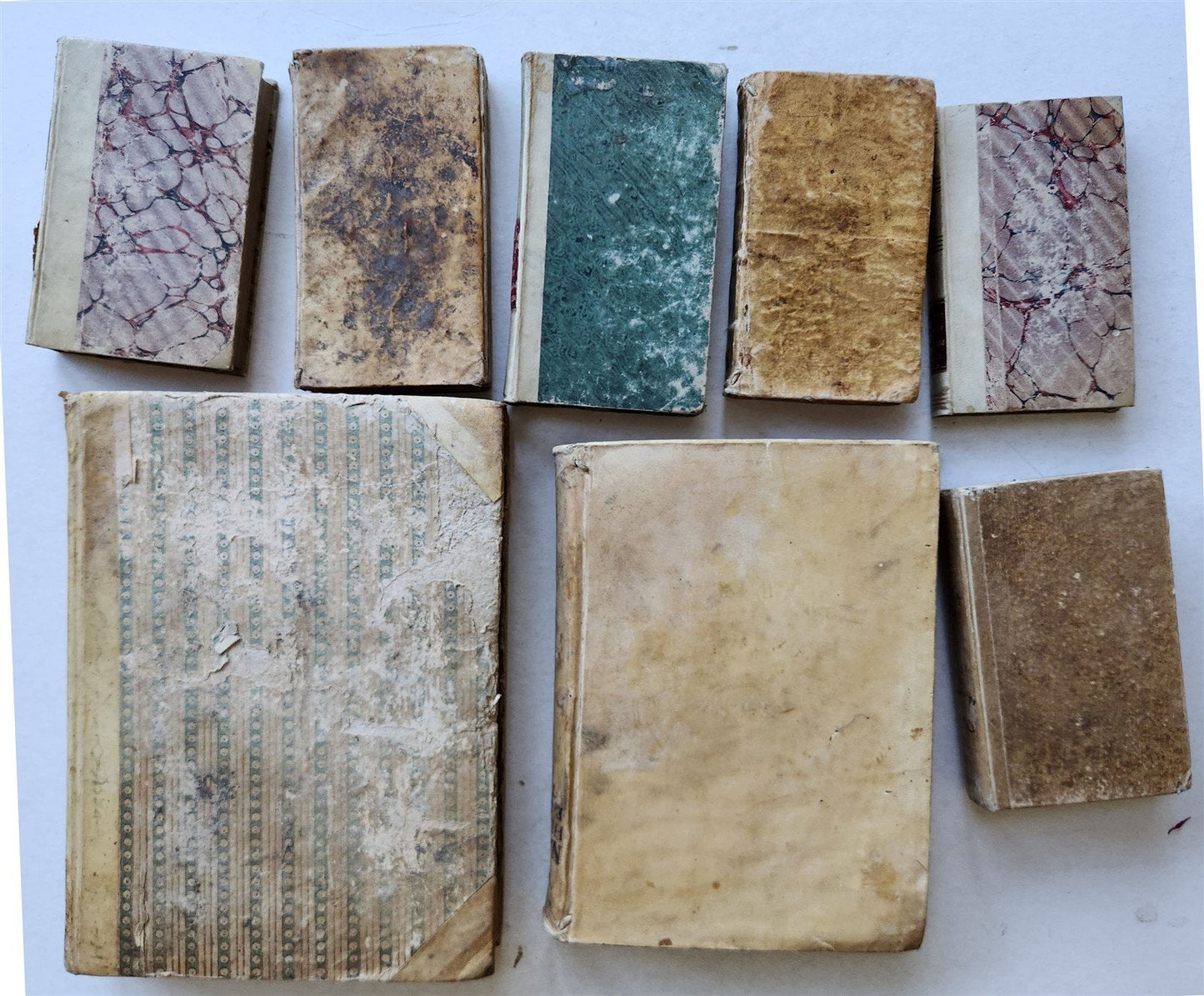18th CENTURY LOT of 10 antique VELLUM BOUND BOOKS decorative