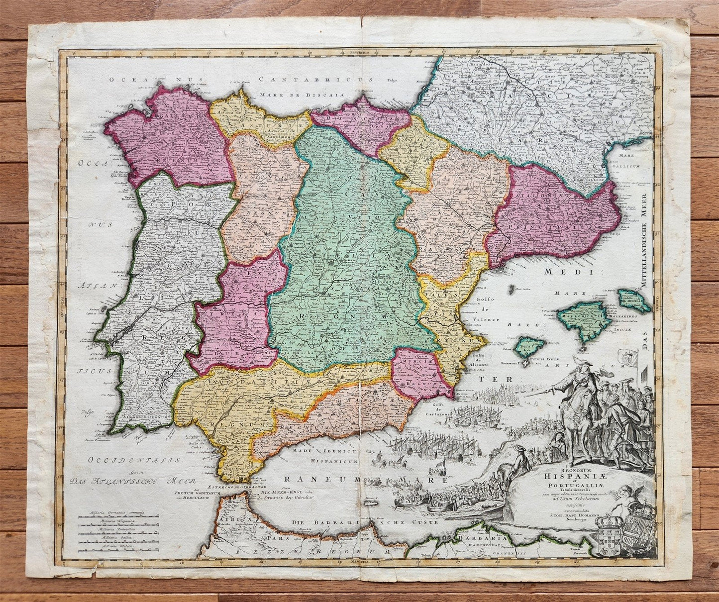1730 SPAIN & PORTUGAL antique MAP REGNORUM HISPANIAE et PORTUGALLIAE by HOMANN