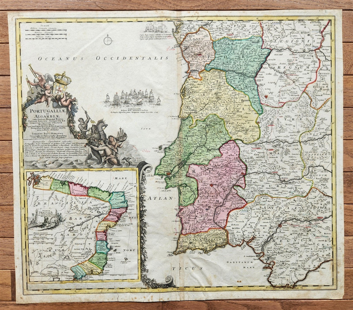 1720 PORTUGAL & BRAZIL antique MAP PORTUGALLIAE et ALGARBIAE by HOMANN