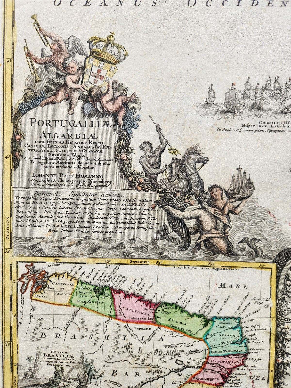 1720 PORTUGAL & BRAZIL antique MAP PORTUGALLIAE et ALGARBIAE by HOMANN