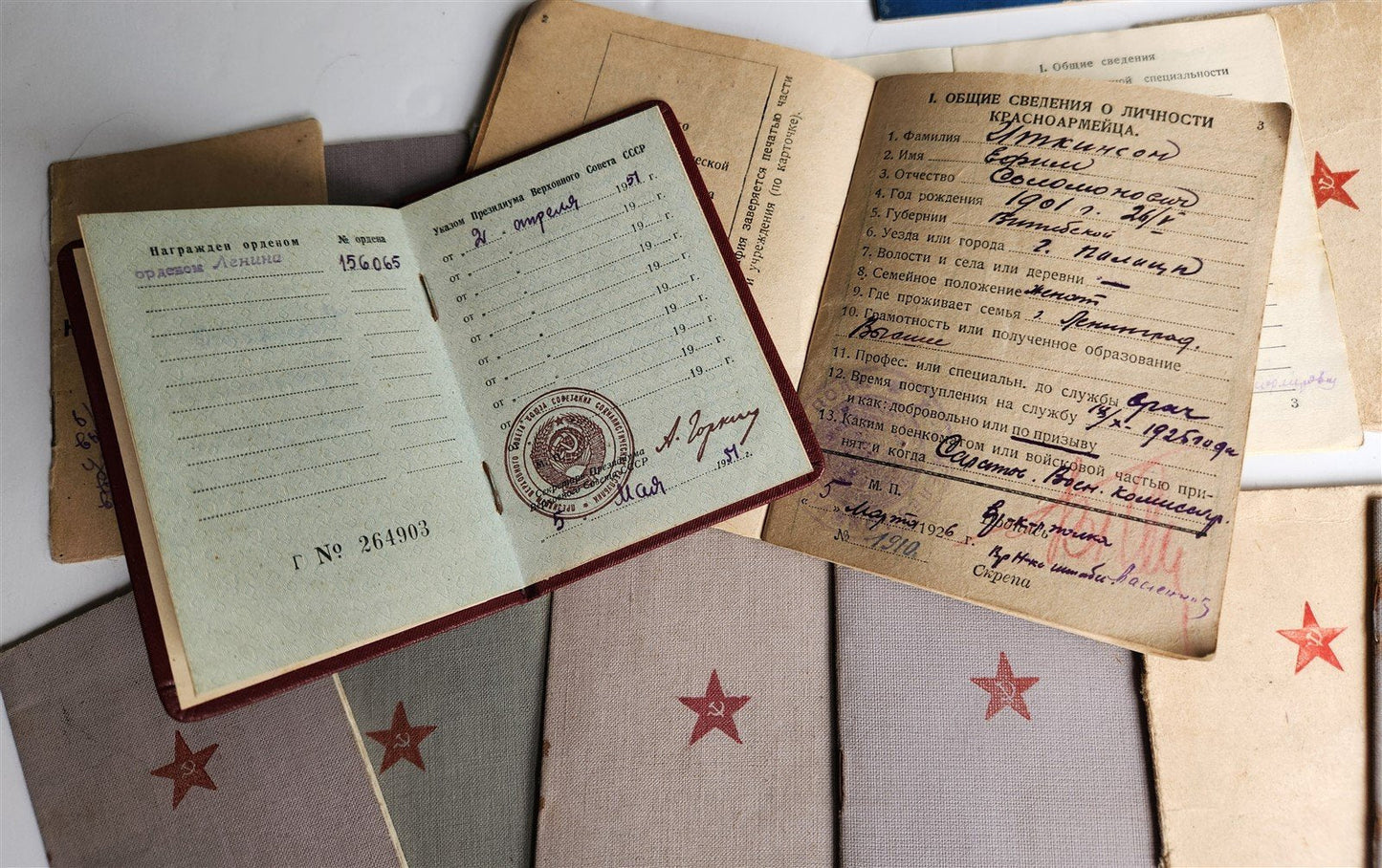 LOT of 19 RUSSIAN WWII ERA DOCUMENTS SOLDIER'S ID CARDS Soviet