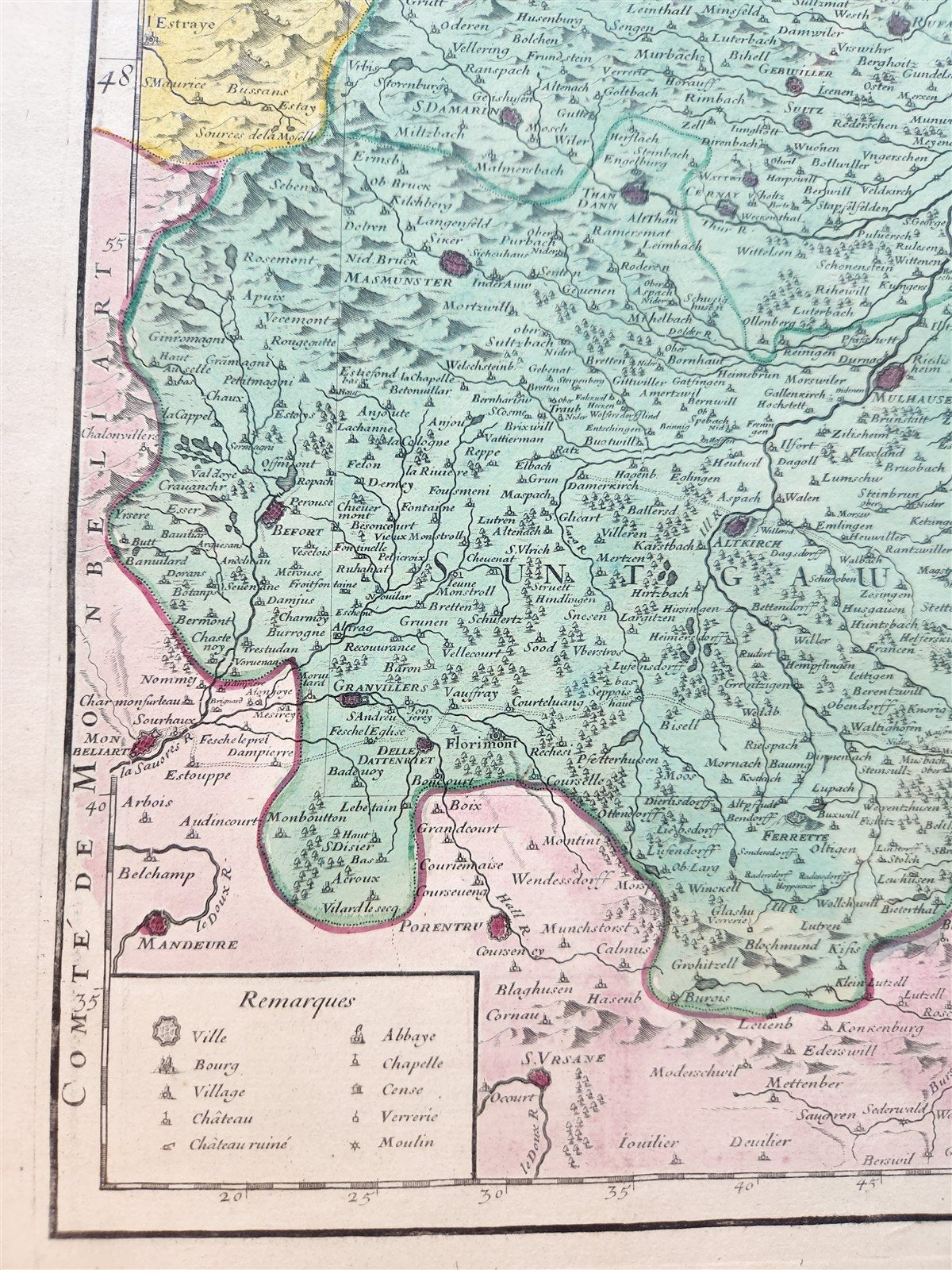 1706 ALSACE FRANCE antique MAP La Haute Alsace Le Suntgau Partie de L'Ortinau
