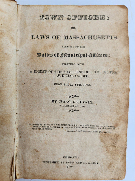 1825 TOWN OFFICER or, LAWS of MASSACHUSSETTS antique Americana