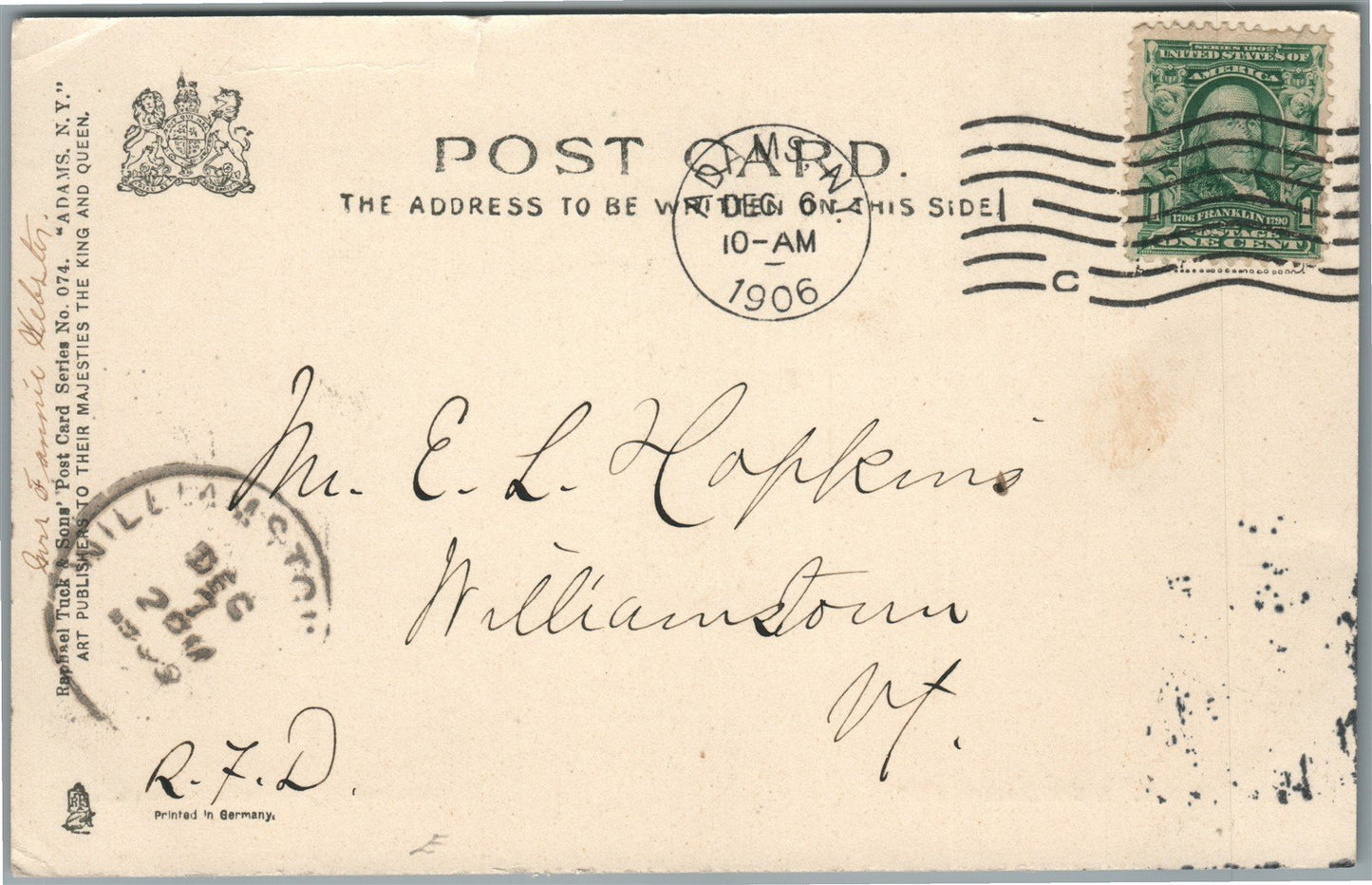 ADAMS NY NORTH MAIN STREET ANTIQUE POSTCARD