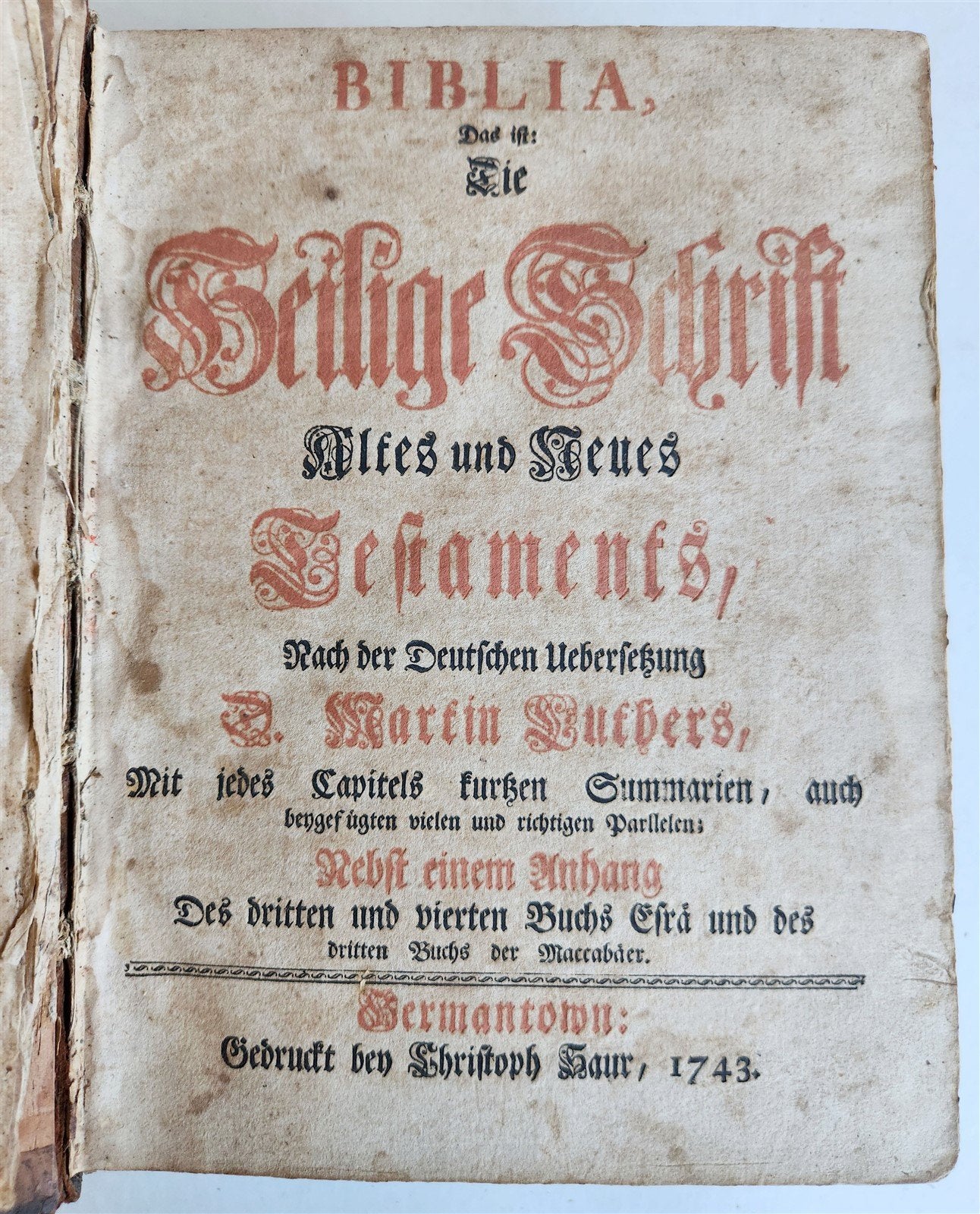 1743 BIBLE in GERMAN by CHRISTOPH SAUR antique RARE Americana