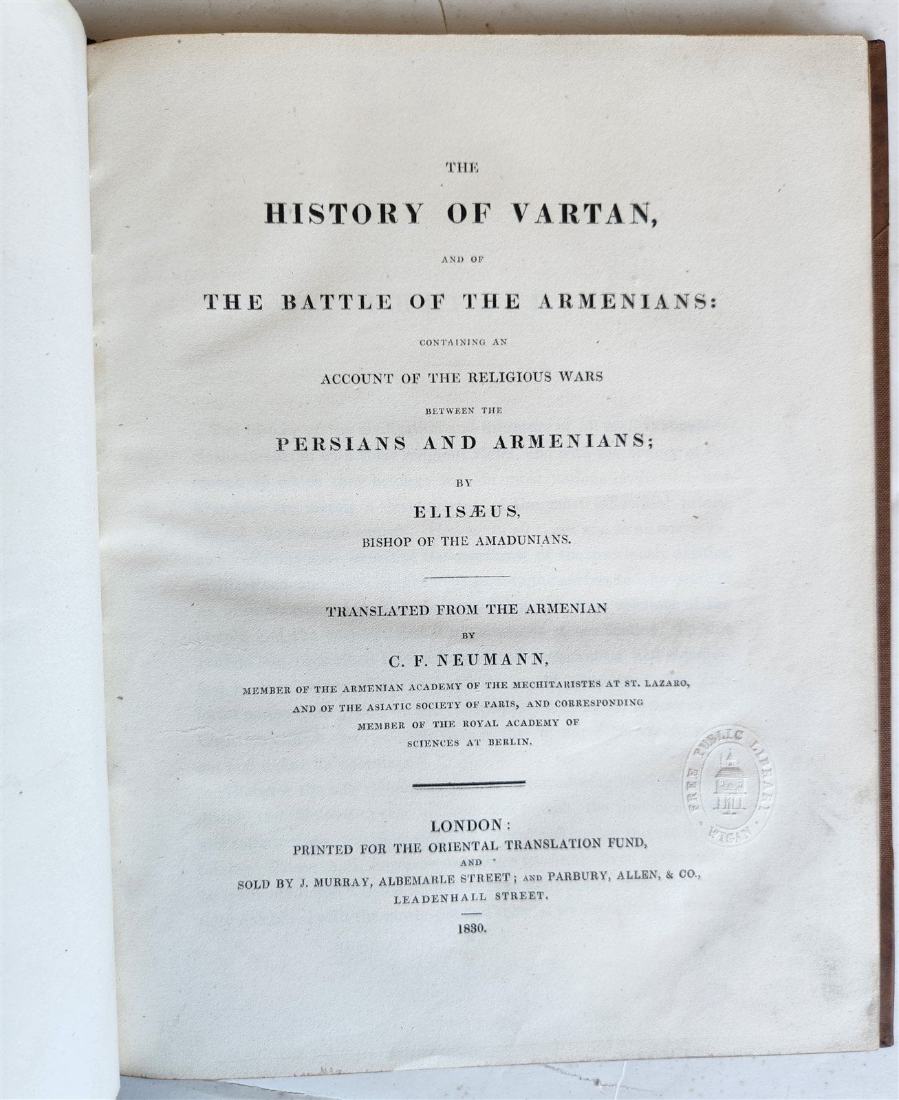 1830 HISTORY of VARTAN & BATTLE of ARMENIANS w/ PERSIA antique ILLUSTRATED