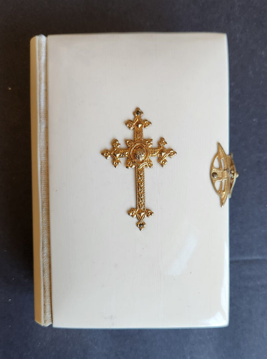 1880s PRAYER BOOK in GERMAN antique FINE BINDING w/ APPLIED BRASS CROSS