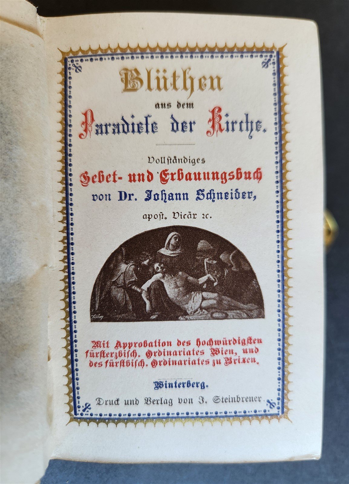 1880s PRAYER BOOK in GERMAN antique FINE BINDING w/ APPLIED BRASS CROSS