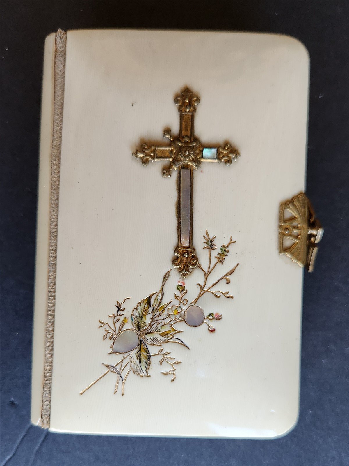 1890s PRAYER BOOK in GERMAN antique NICE BINDING w/ APPLIED BRASS CROSS