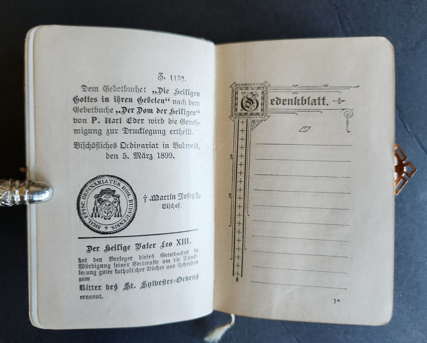 1899 PRAYER BOOK in GERMAN antique NICE BINDING w/ APPLIED CROSS DECORATION