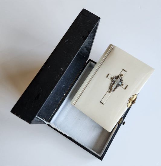 1890s DEVOTIONAL BOOK in GERMAN antique BINDING w/ APPLIED MOTHER OF PEARL CROSS